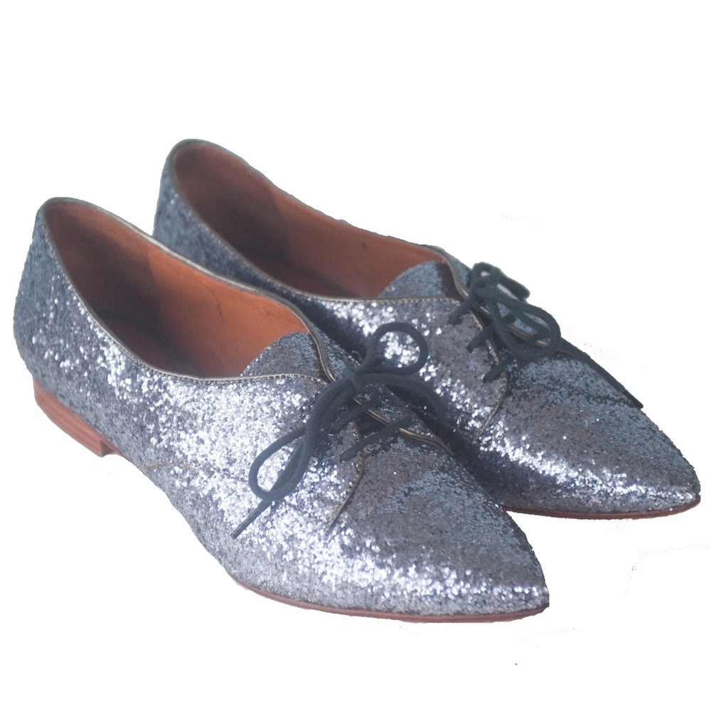 Schutz Blue/Silver Glitter Lace Up Oxford Shoes